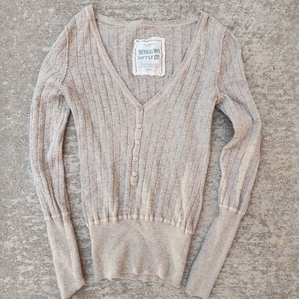 Y2K Mossimo Henley Knit Long Sleeve Babydoll Bella Swan Ribbed Wool/Rabbit, L‎